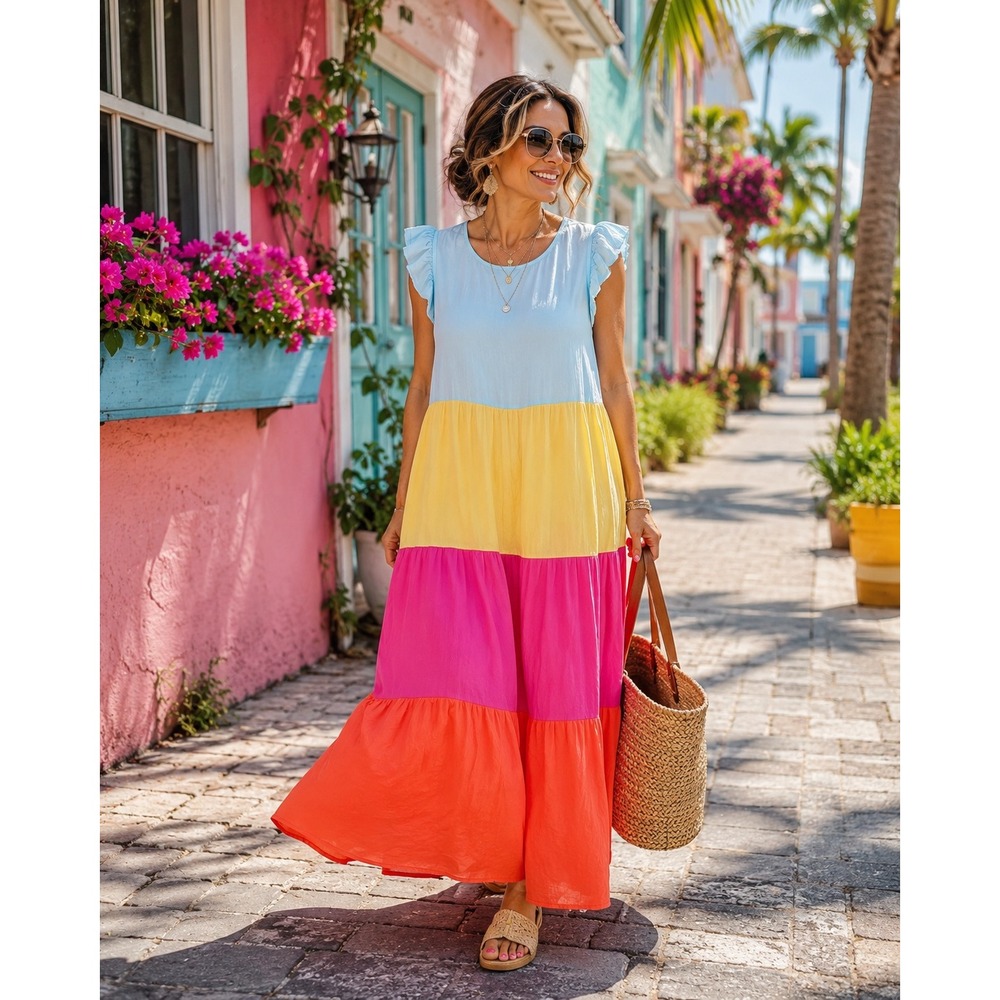 Margaux Riviera Color Block Tiered Maxi Dress Flutter Sleeve NWT PXL‎